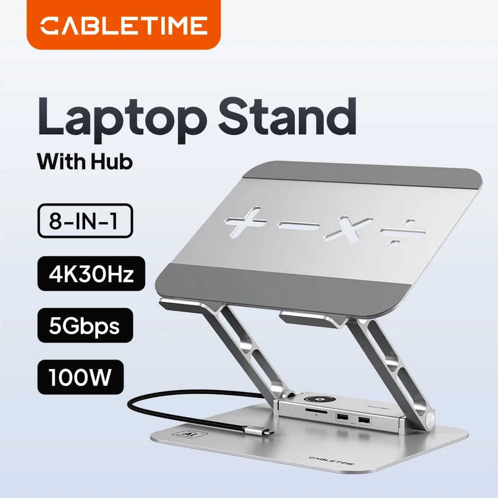 CABLETIME Hub USB C 8-in-1 con Supporto per Laptop, 4K, RJ45 1000Mbps, USB 3.0 5Gbps, PD100W, Lettore Schede SD per Macbook, Dell, iPad