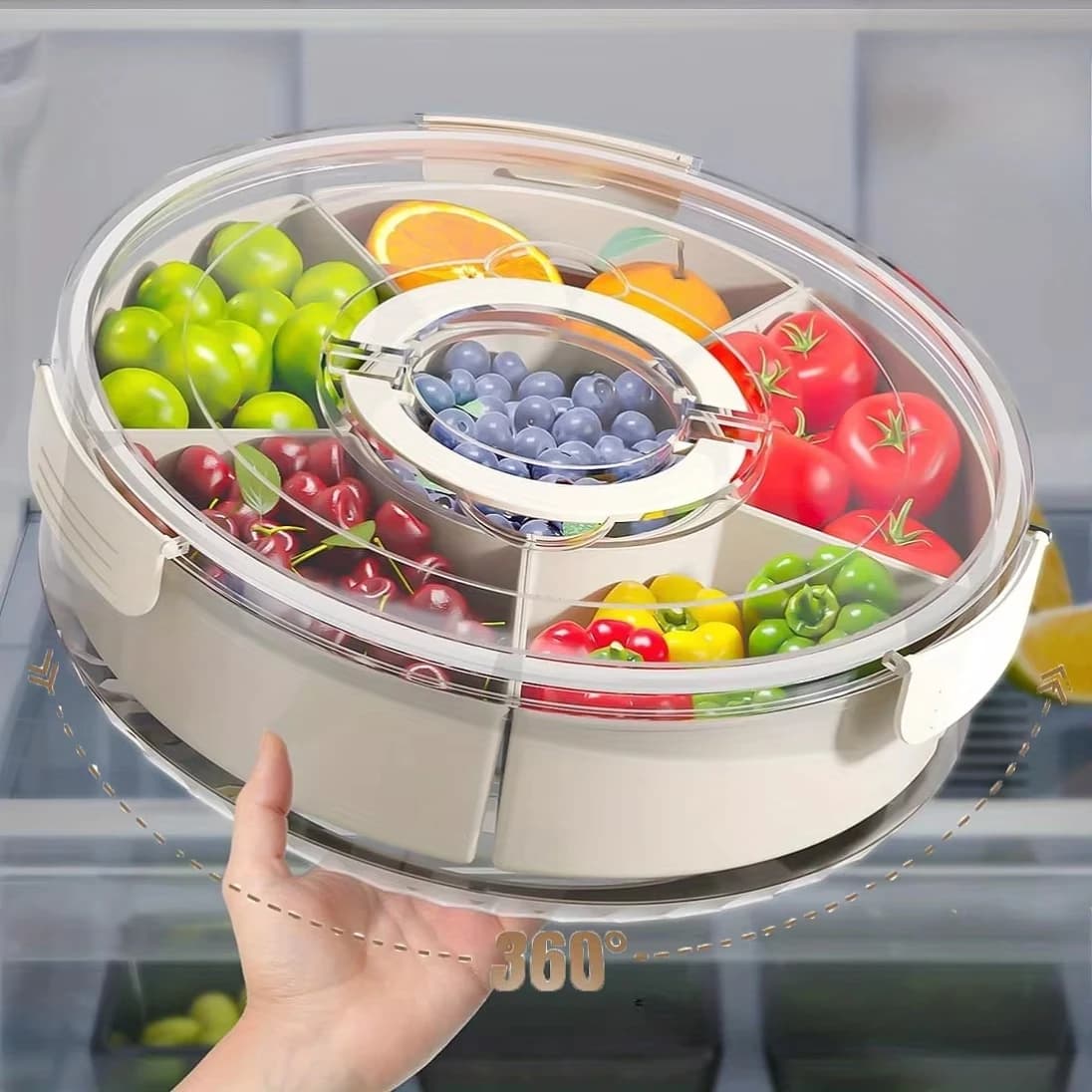Conservazione degli alimenti a 5 scomparti Piatto per snack di frutta secca Contenitore di stoccaggio portatile Vassoio per snack e verdure con coperchio e mano