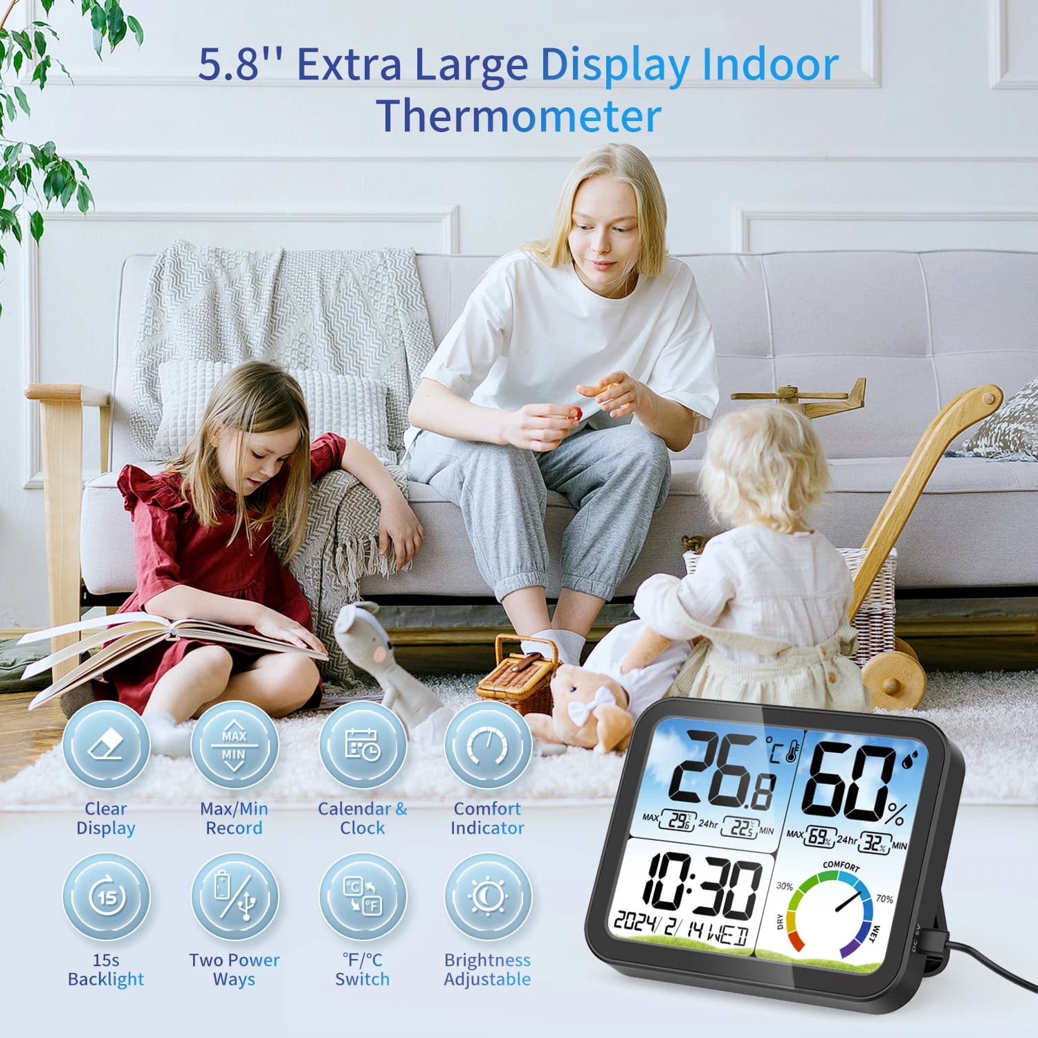 Termometro Igrometro Digitale da Interni 5.8' con Orologio, Calendario e Indicatore di Comfort per Casa e Ufficio