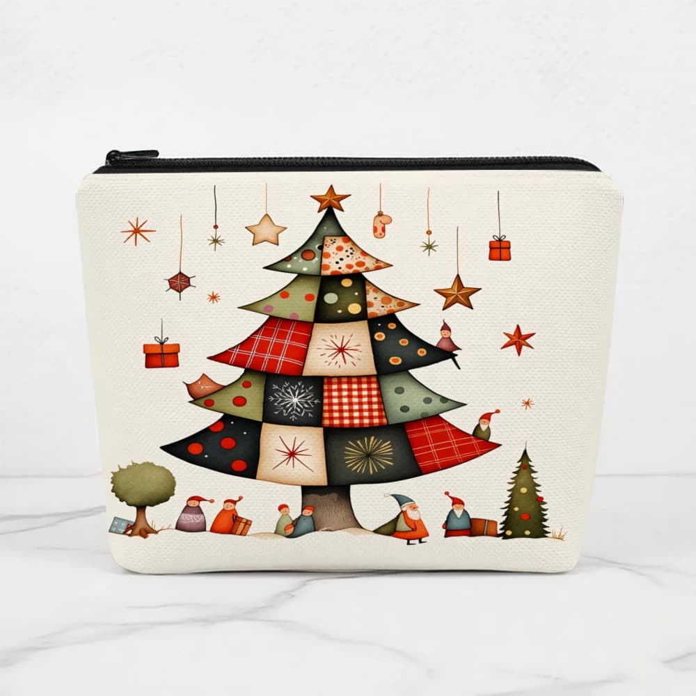 Borse per il trucco con motivo patchwork albero di Natale e gnomi per ragazze, pochette cosmetica, beauty case, astuccio, borsa da viaggio