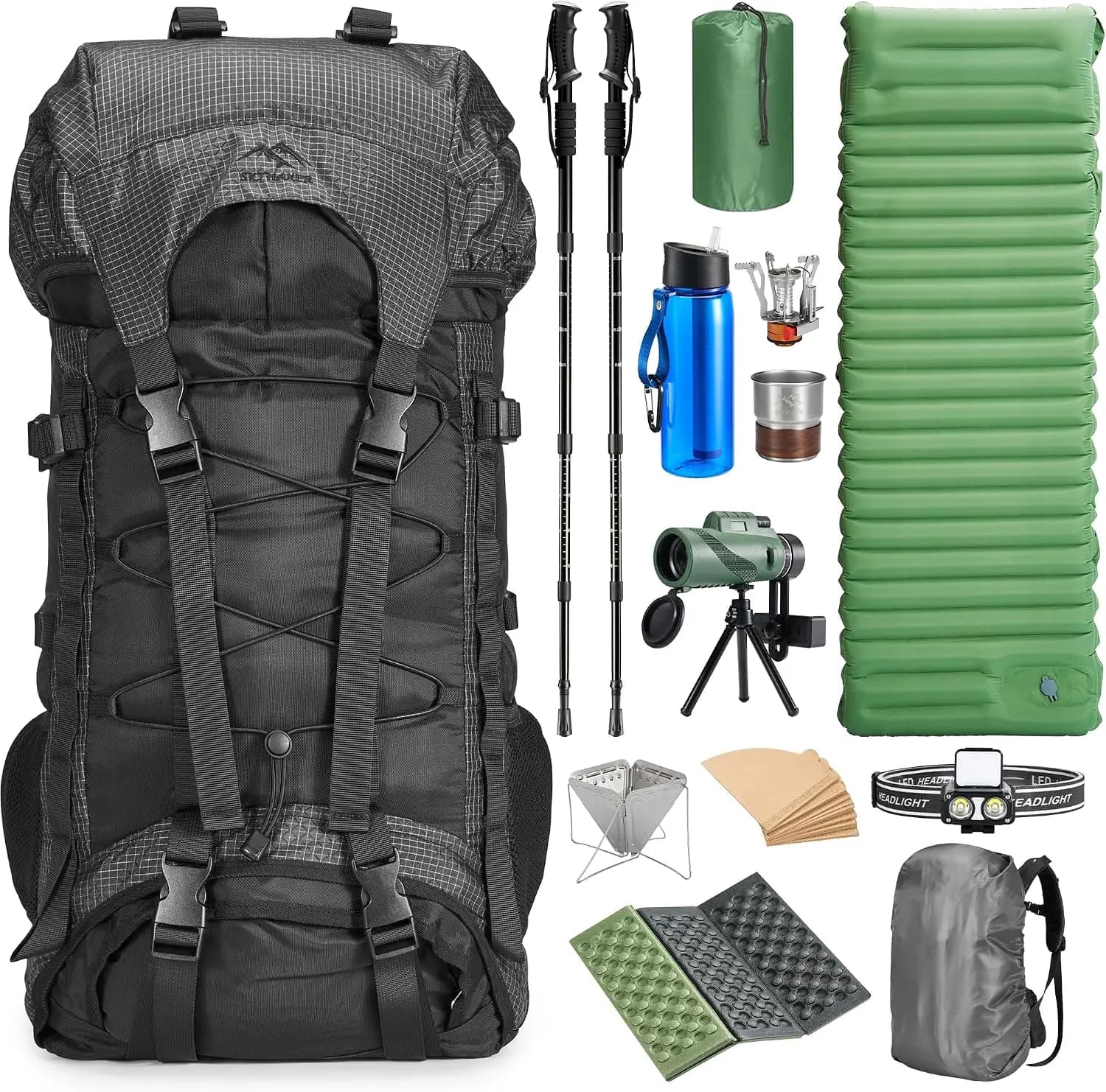 Premium Hiking Camping Backpack Set, Casual Style with Inflatable Sleeping Pad, Trekking Poles, Monocular, Water Filter Bottle &
