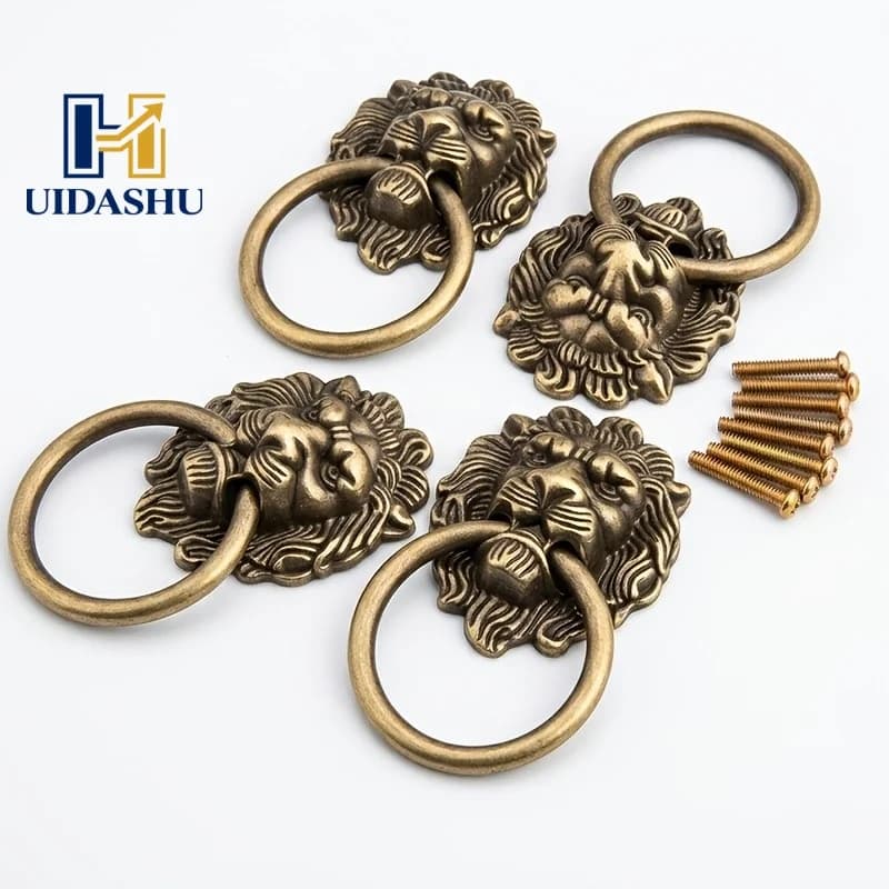 Antique Bronze Lion Head Ring Pulls 3D Relief Single Hole Cabinet Drawer Handles Vintage Furniture Knobs for Wardrobe Dresser