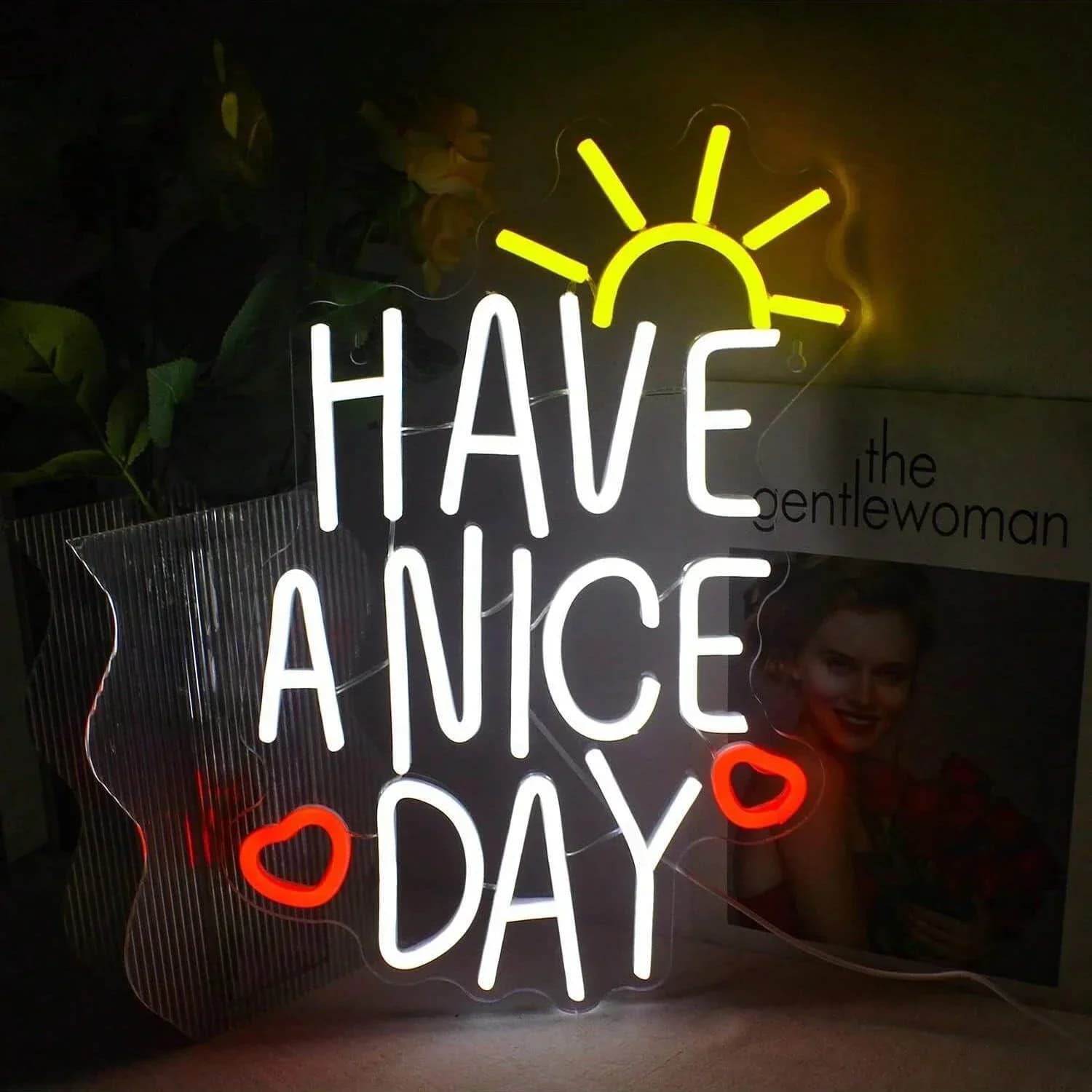 Insegna al Neon 'Have A Nice Day' con Cuore e Sole, Luce LED USB Dimmerabile per Decorazione Parete, Soggiorno, Camera da Letto, Caffè, Citazione Positiva