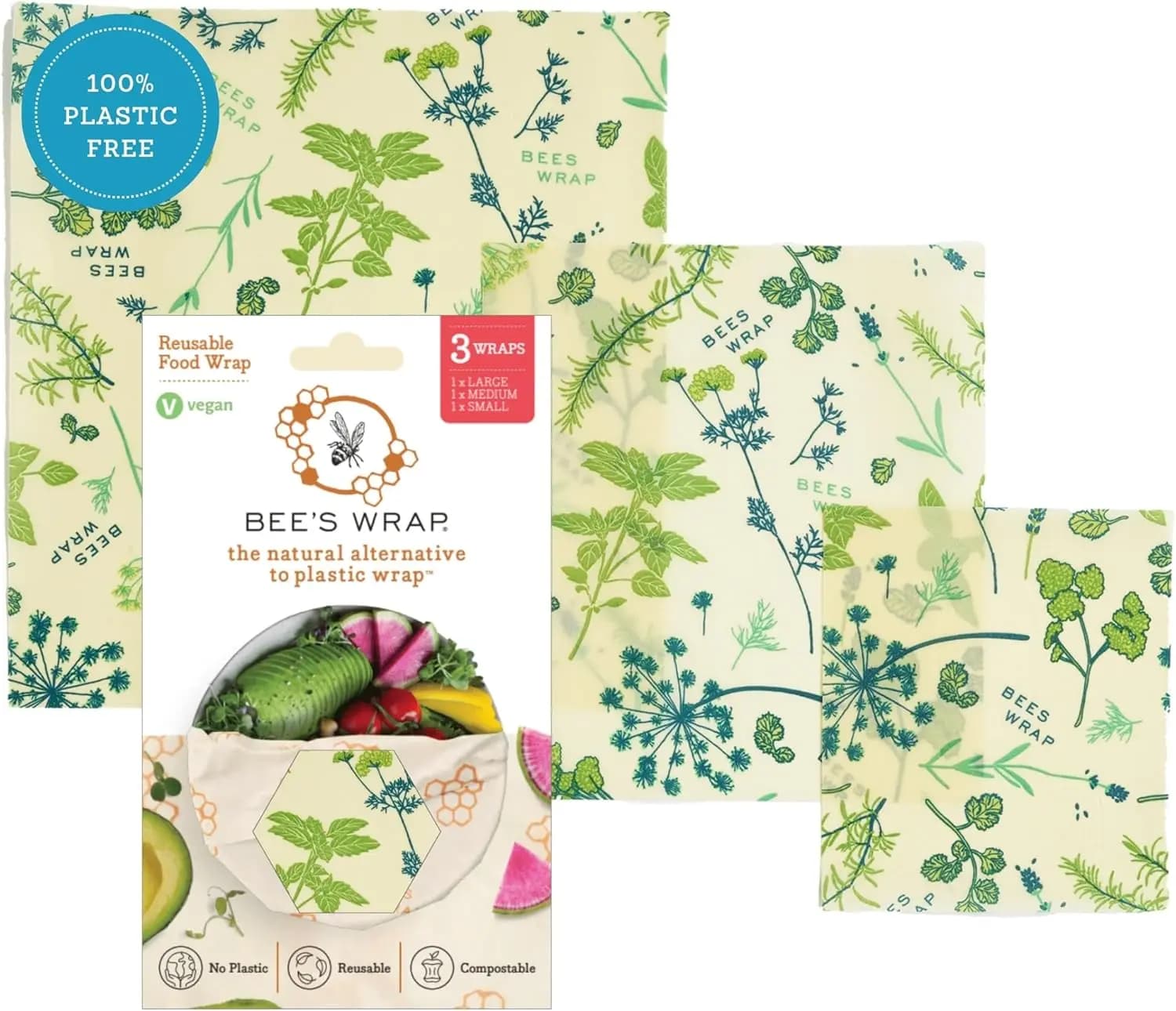 Reusable Beeswax Wraps for Food - 3 Pack, Assorted Sizes, Herb Garden Print, Plastic Free