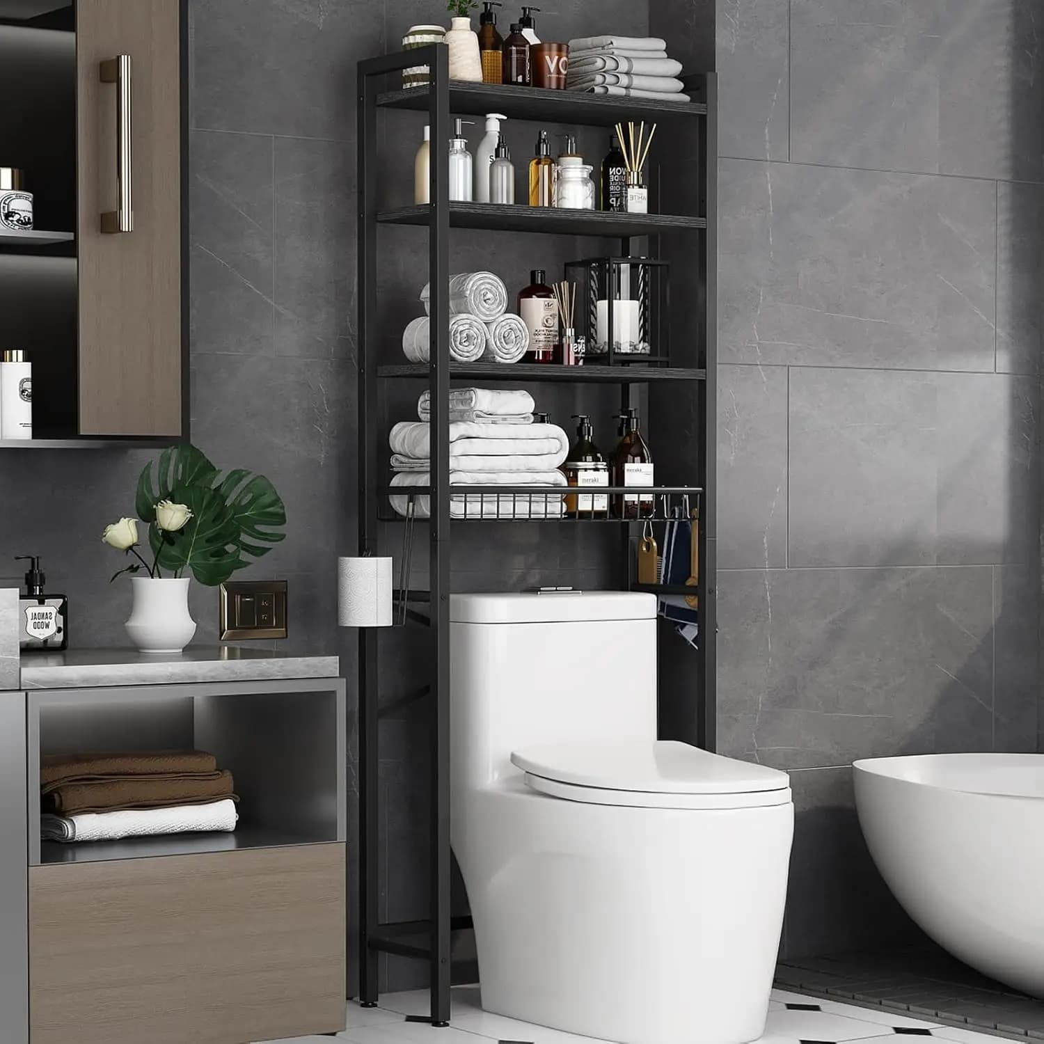 Portaoggetti sopra il WC a 4 livelli con ripiani e cestello regolabili, organizer da bagno indipendente in nero