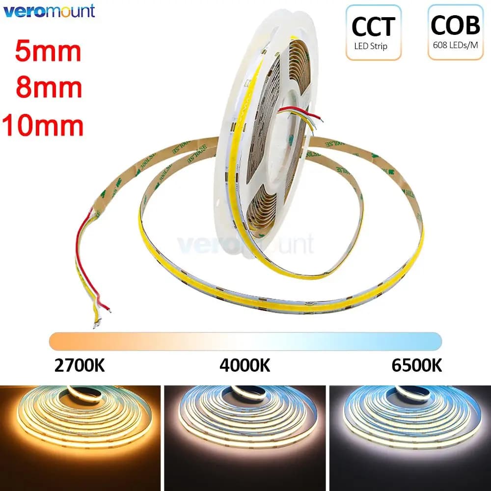 5m COB CCT LED Strip 12V 24V DC 600/608LEDs/m FCOB dimmerabile Dual White 5mm 8mm 10mm PCB nastro lineare flessibile ad alta densità 3 fili