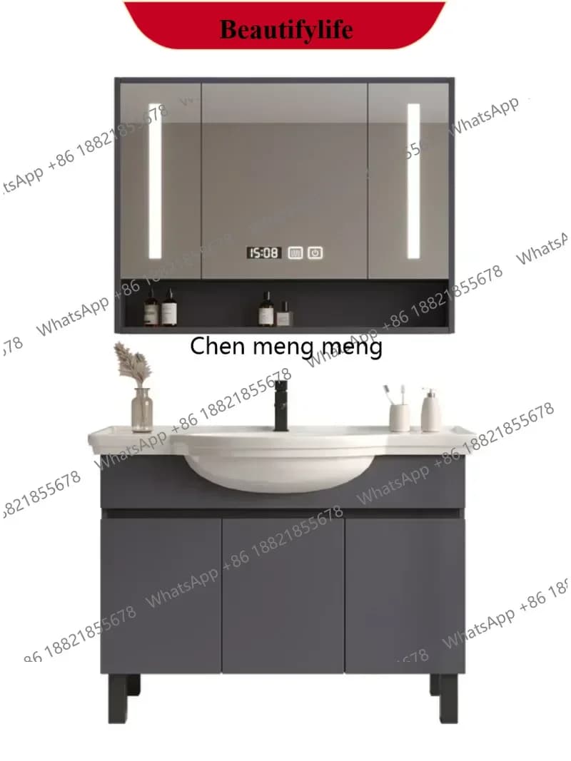 F185 Mobili da bagno in legno con lavabo in ceramica Armadietto a specchio intelligente Vanity da bagno moderno con lavabo Mobili da bagno
