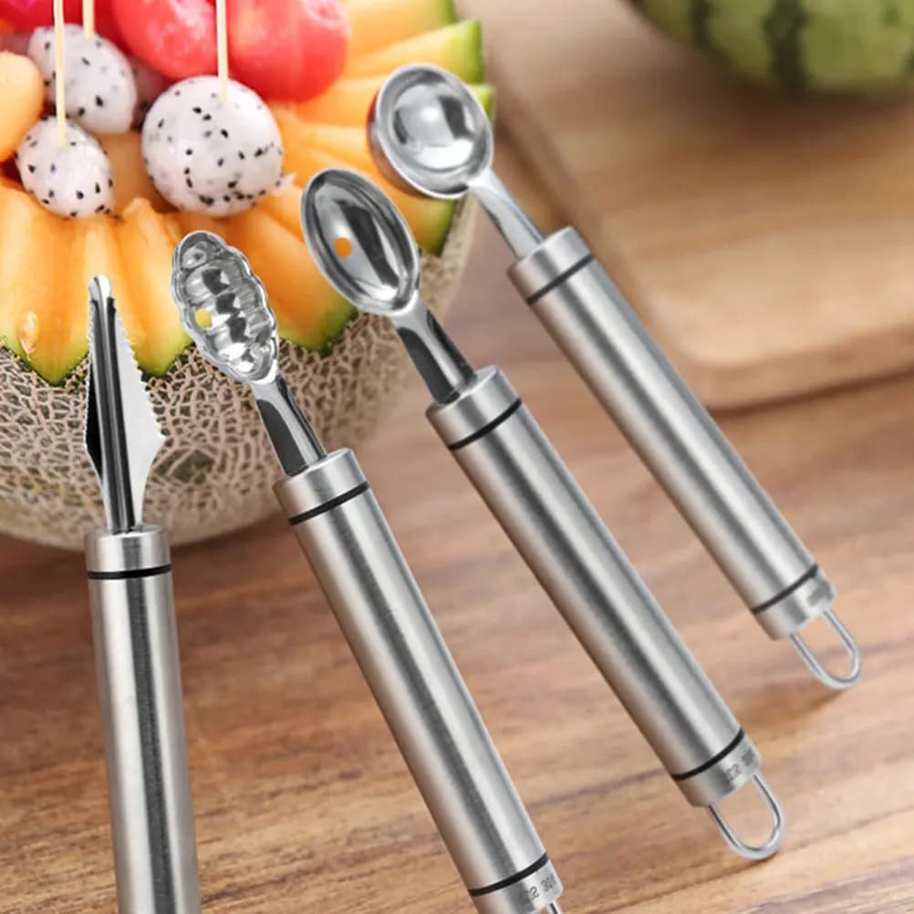Set di 4 Coltelli in Acciaio Inox per Intaglio Frutta e Melone, Utensili da Cucina Sicuri e Lisci