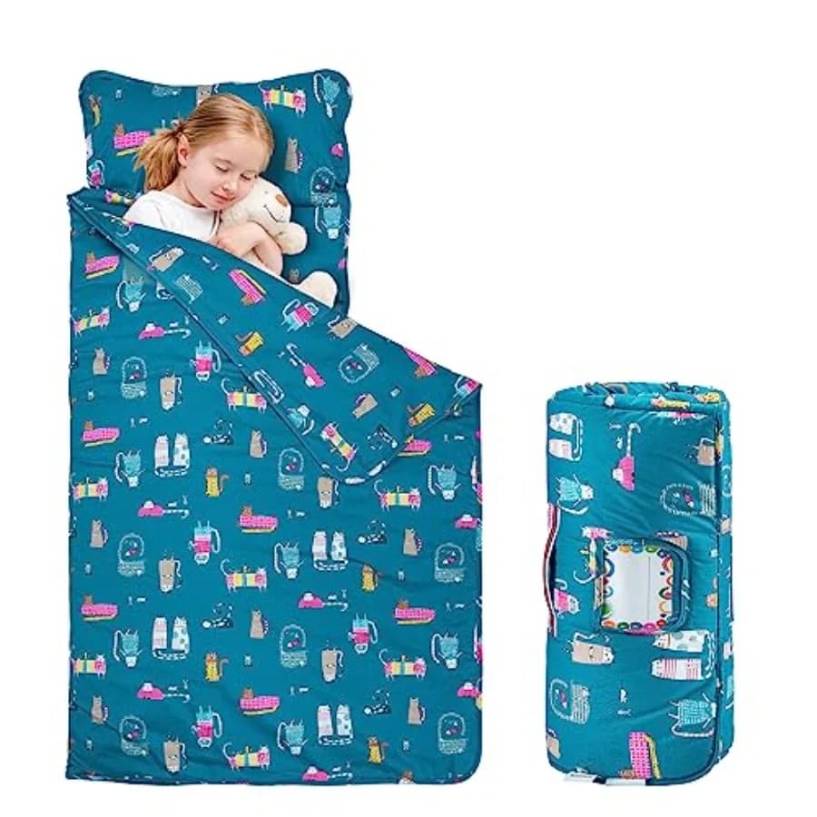 Tappetino per il riposo con cuscino e coperta 100% cotone con imbottitura in microfibra, materassino imbottito per asilo nido, scuola materna, bambini, pre-Scuola dell'Infanzia, ragazze C