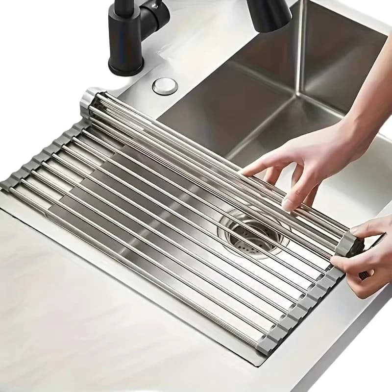 1pc Foldable Stainless Steel Dish Drainer Roll Up Dish Drying Rack Shelf Kitchen Sink Holder Organizer Bowl Tableware Plate