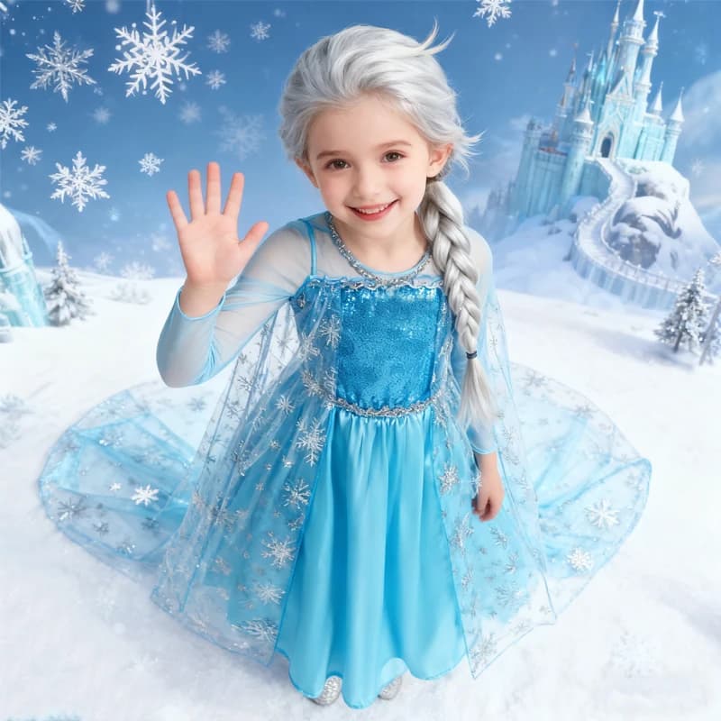Abito Elsa Abito da principessa cosplay Abito azzurro a maniche lunghe con paillettes Abiti per bambini Abito da sera per feste di carnevale per ragazze