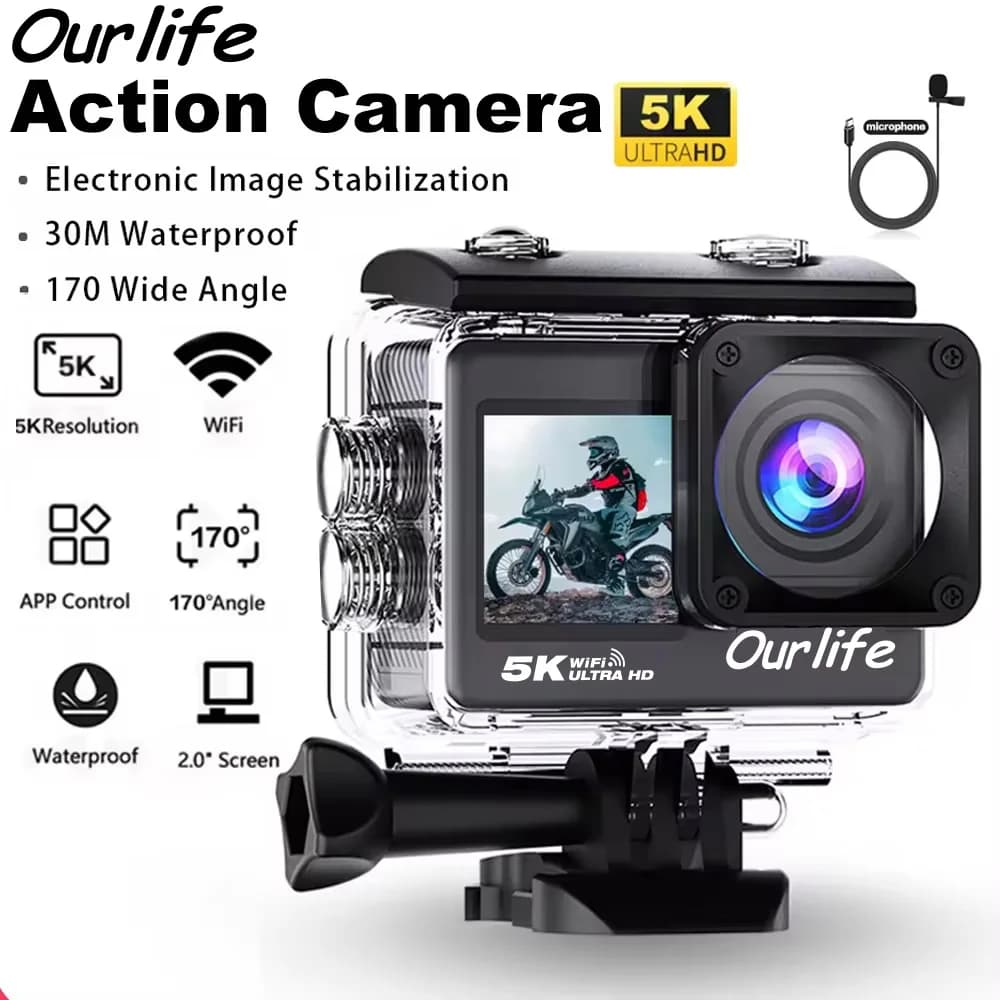 Ourlife 5K Action Camera 4K60FPS Touch Screen from 2.0 inch WiFi 170 ° Sports cameras for motorcycles waterproof 30M wide angles