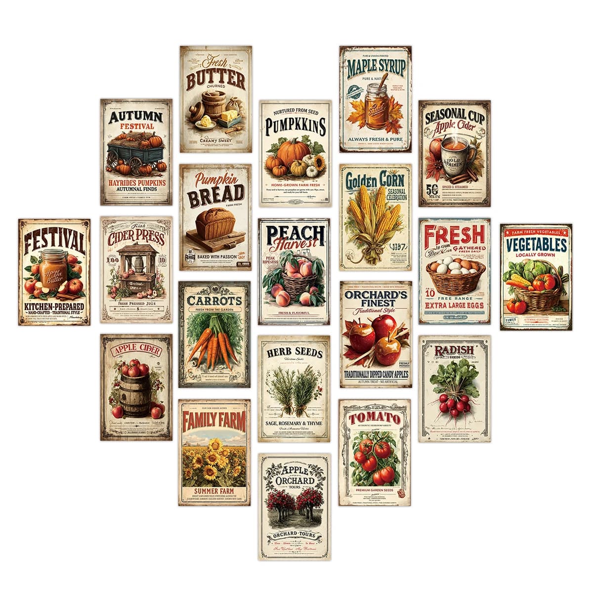 20 Cartoline Vintage a Tema Cibo, Carte Decorative per Pareti a Tema Raccolto, Etichette Alimentari per Arredamento Cottagecore e Sala da Pranzo, Inviti per Feste in Stile Fattoria