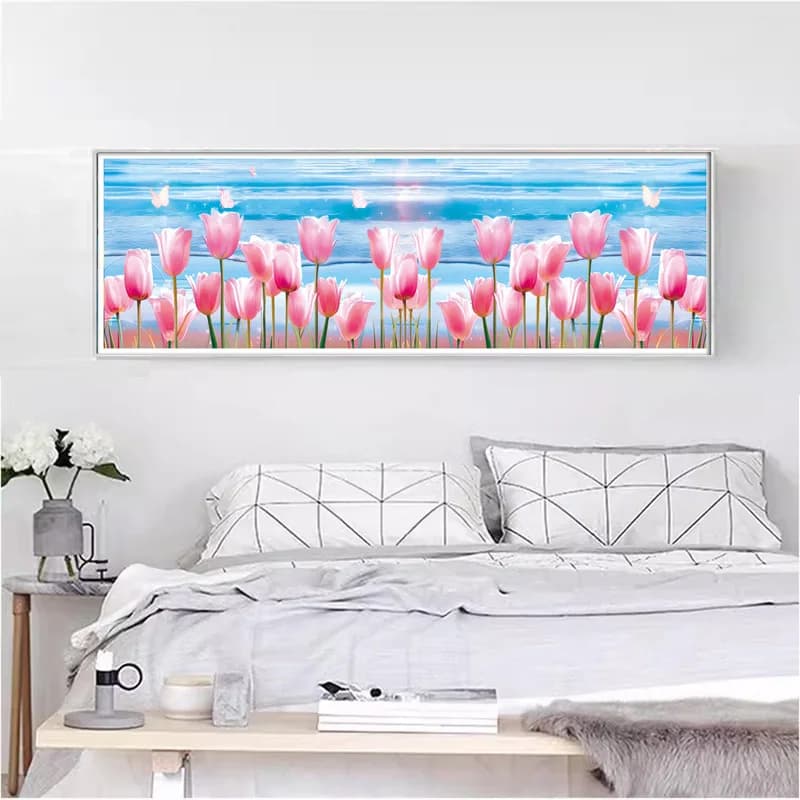 Pink Tulip Ocean Style Cross Stitch Kit, Blue Coast Butterfly Dance Garden DIY Handmade Embroidery Material Pack, Home Decoration Painting