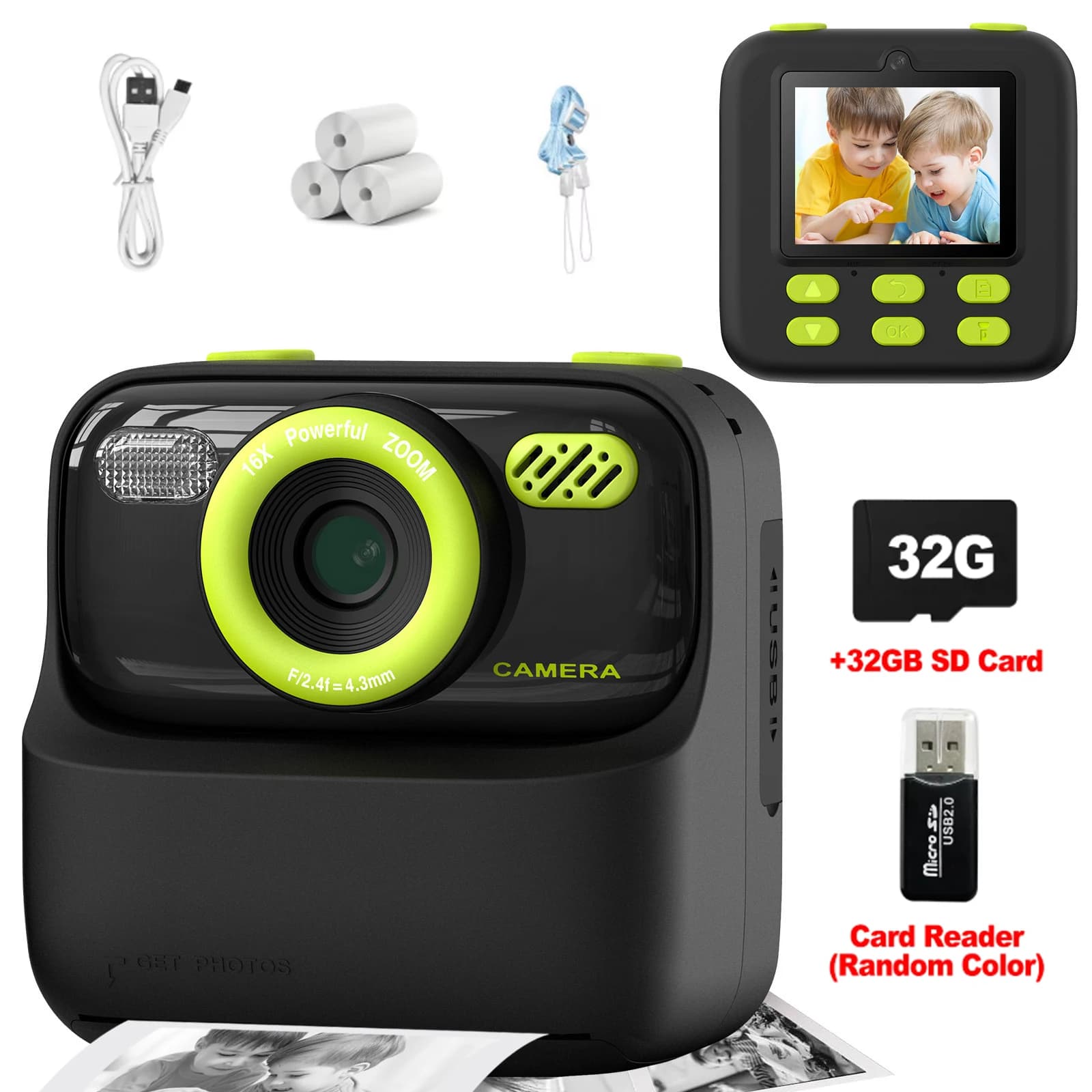 Fotocamera Istantanea per Bambini 32GB 1080P con Stampa Termica, Fotocamera Digitale con Stampa Foto, Video e Musica, Doppia Lente con Flash, Giocattolo Regalo per Bambini