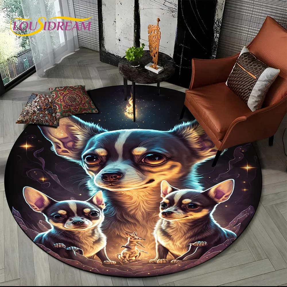 Cute Dog Samoye,Chihuahua,Koki Pomeranian Cartoon tappeto rotondo tappeto per soggiorno arredamento camera da letto, tappetino antiscivolo per bambini