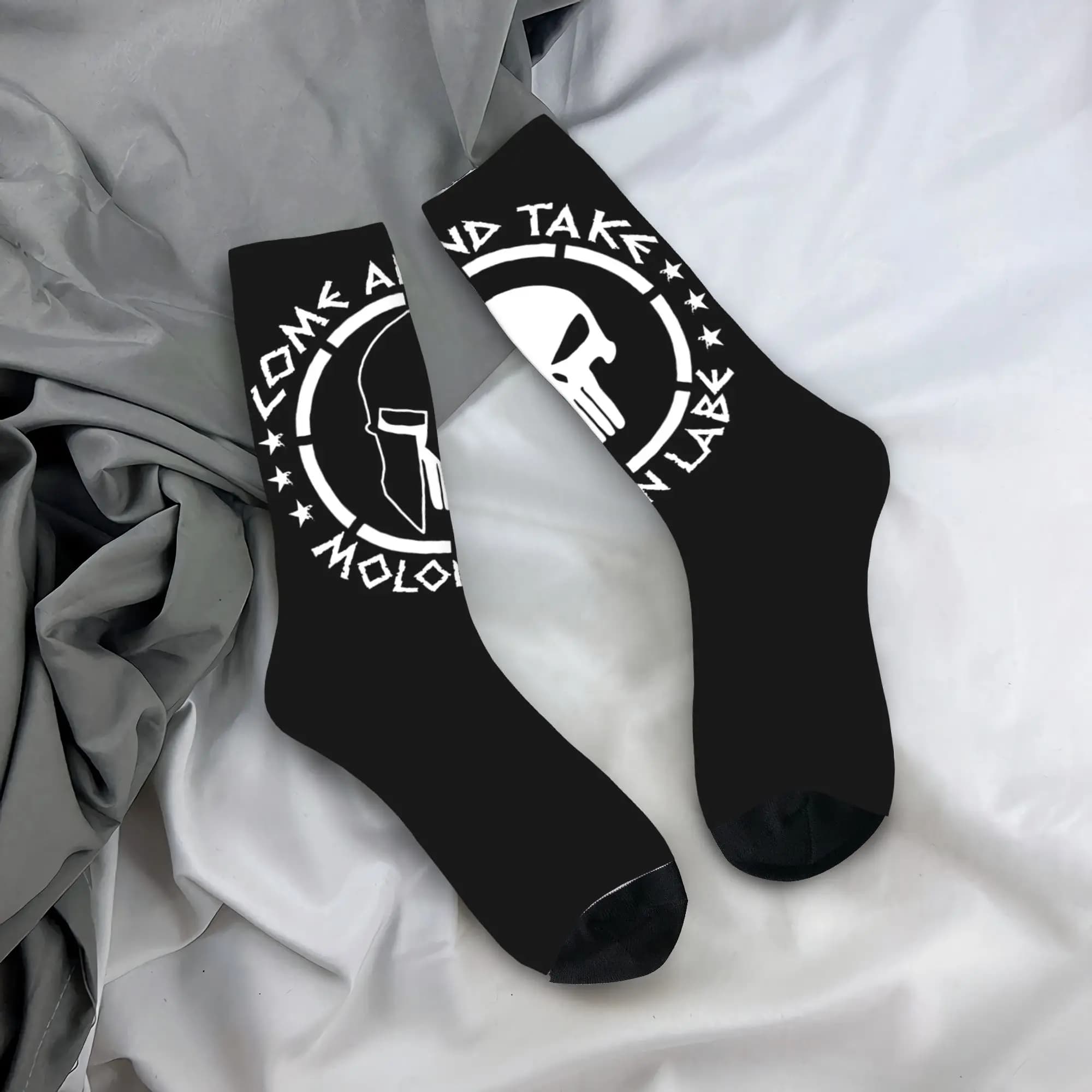 Calzini personalizzati con stampa simpatica Sparta Molon Labe Spartan Skull per donna e uomo, calzini elasticizzati per l'estate, l'autunno e l'inverno