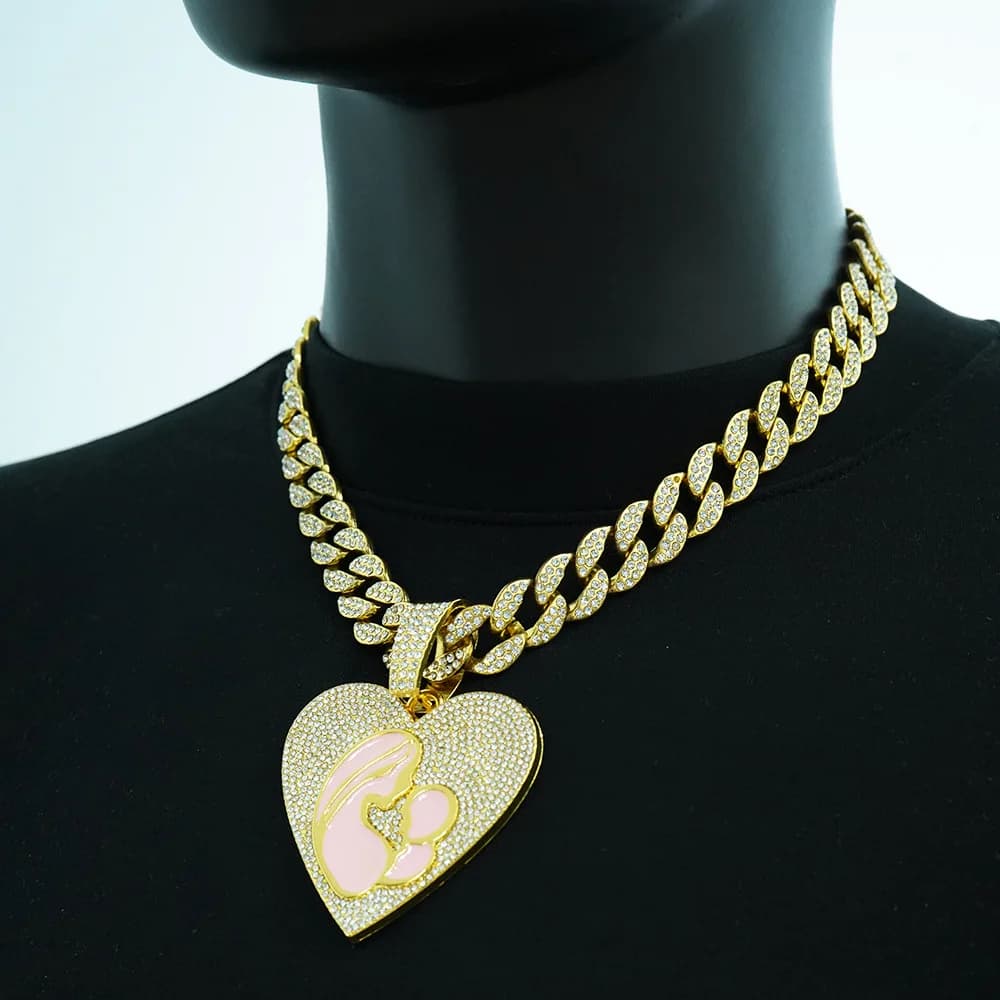 Collana Hip Hop Cuban Link per Donna e Uomo, con Ciondolo a Cuore Smaltato, Regalo per la Mamma, Gioiello Regolabile in Lega