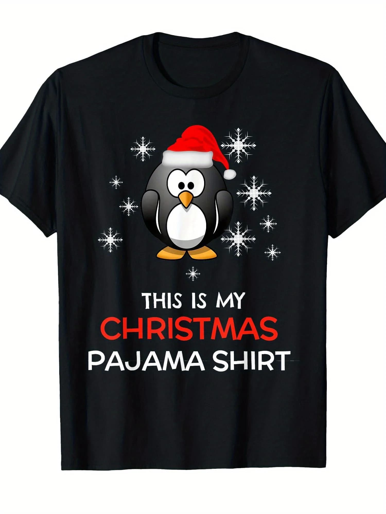 Christmas T-shirt and T-shirt with penguin and Santa Claus - Top short sleeve crew neck in cotton with penguin costume design - Nightwear for holidays