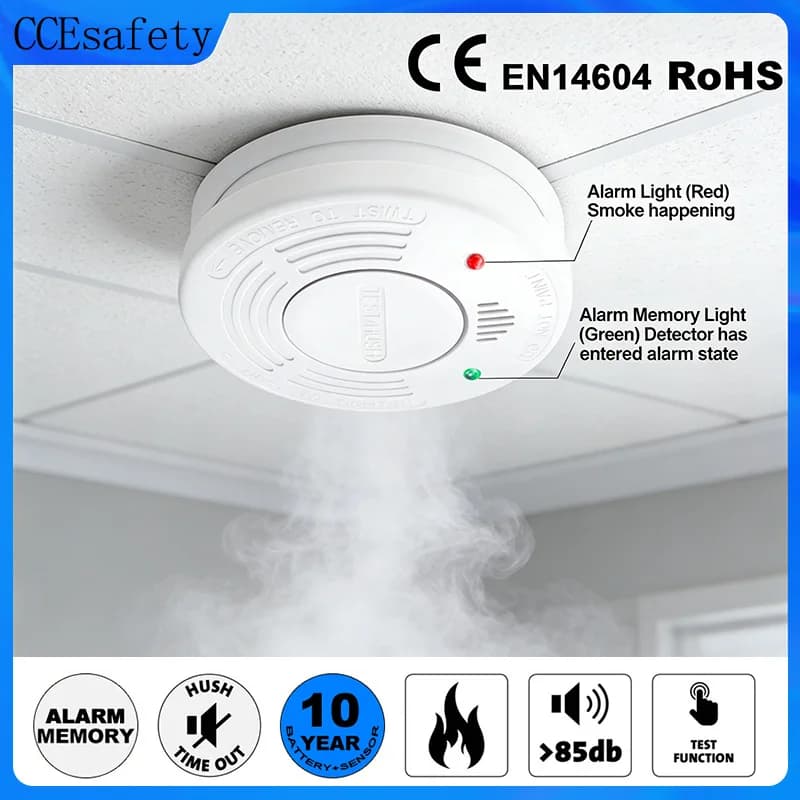 Rilevatore di fumo Sensore di fumo da 10 anni Allarme antincendio indipendente Certificato CE EN14604 con indicatore LED batteria CR123A Sicurezza domestica