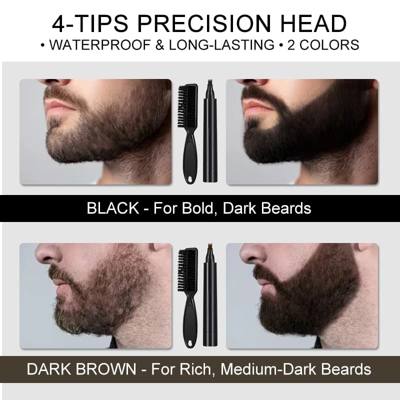 4-Prong Beard Pen + Filler Pencil + Brush + Hair Fibers Set – Natural Beard Enhancement, Easy Fill for Patchy Areas, Lightweight