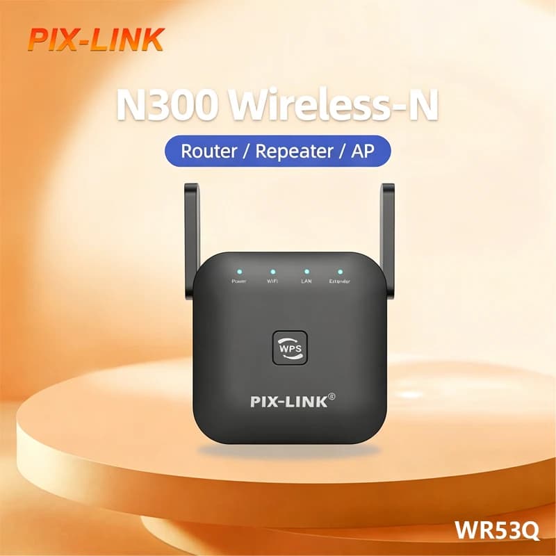 PIX-LINK WR53Q Ripetitore WiFi 300Mbps Router/AP Wireless N 2.4G con 2 Antenne, Amplificatore di Segnale WiFi, Configurazione Facile WPS, Penetrante nel Muro per Casa