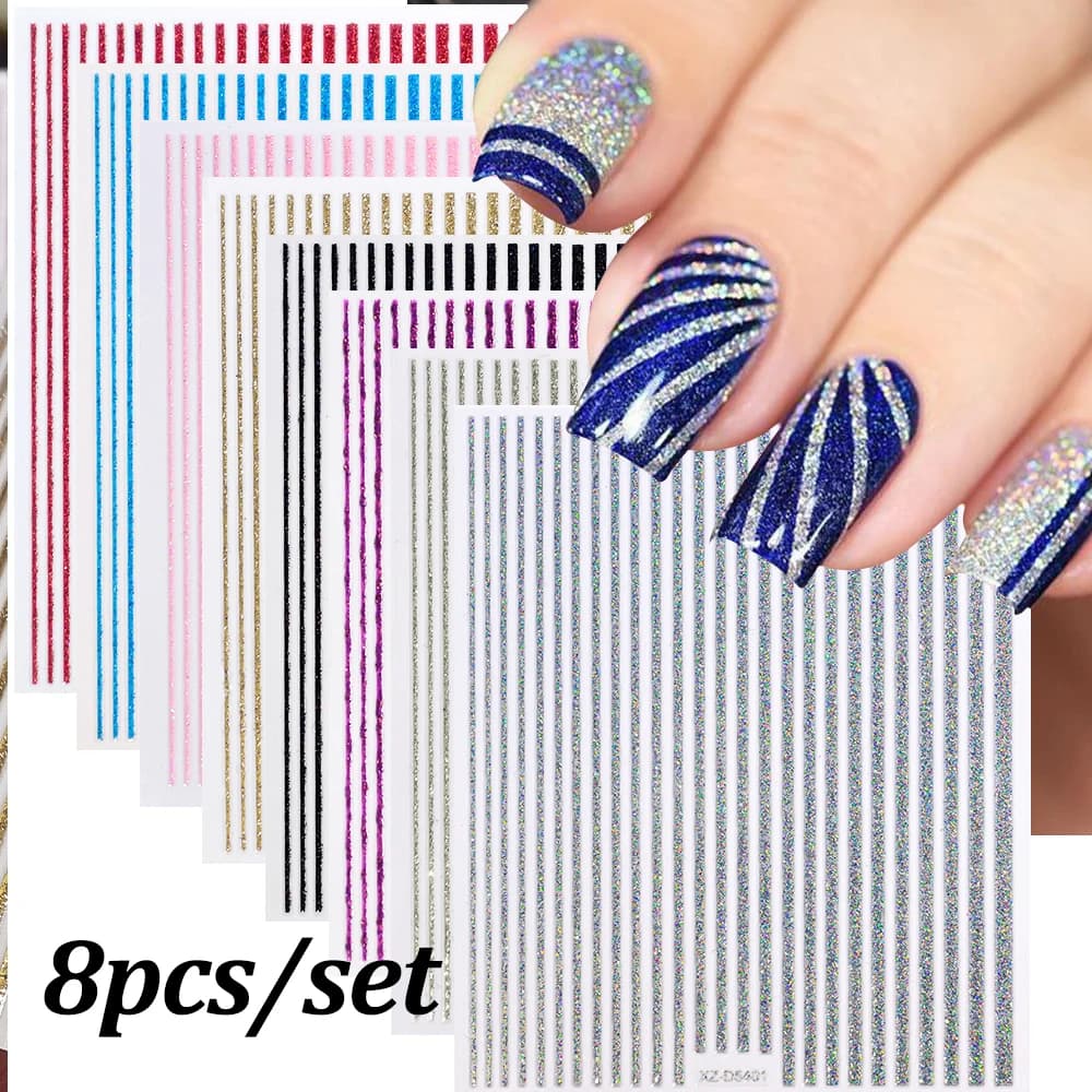 8 pezzi colorati glitter linee striscia adesivo per unghie decalcomania olografica francese striscia di metallo unghie cursore adesivo per unghie autoadesivo 3D