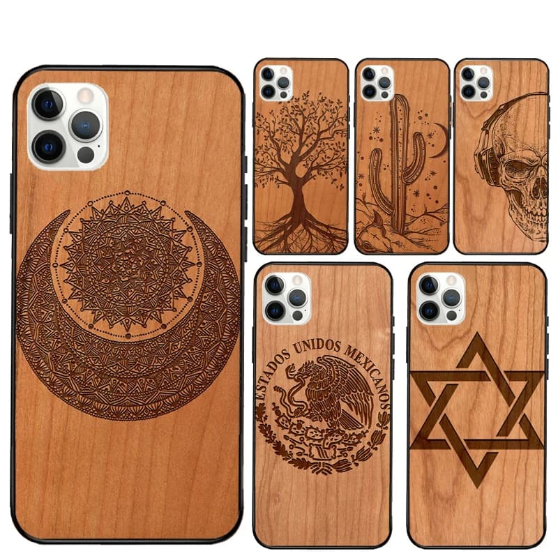Custodia per telefono in legno albero rosa teschio cactus per iPhone 15 16 Pro Max 11 12 13 Mini 14 Pro Max XR 15 16 Plus 16e Cover Coque