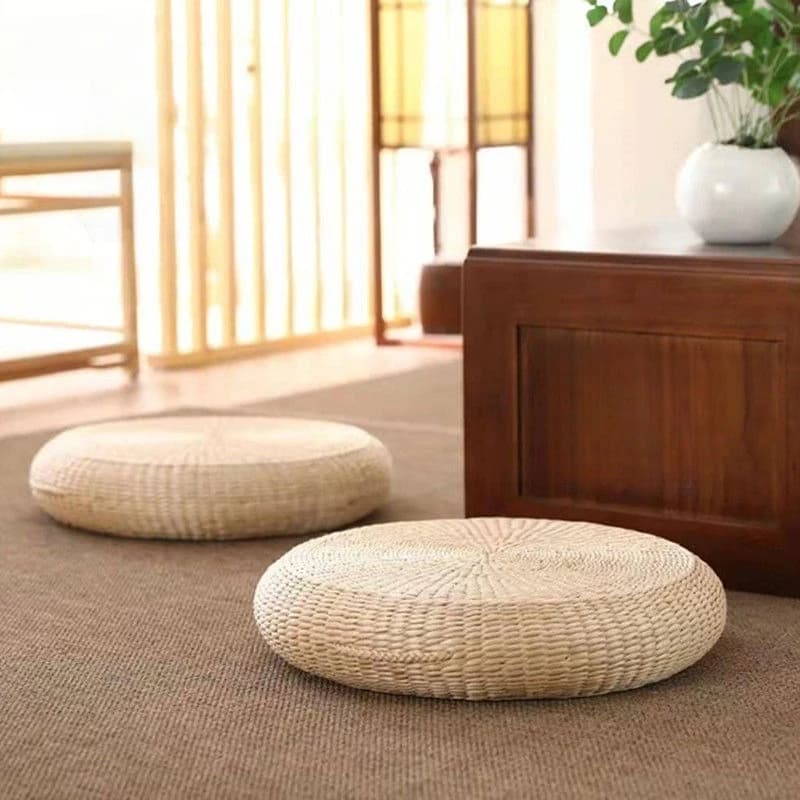 Round Woven Straw Meditation Cushion, Thickened Zafu for Tatami, Bay Window & Prayer