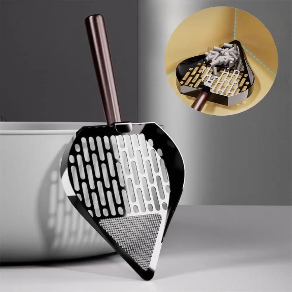 Stainless Steel Cat Litter Scoop Double Sifting Non-Stick Pet Waste Shovel Wood Handle Easy To Clean Kitten Poop Scooper