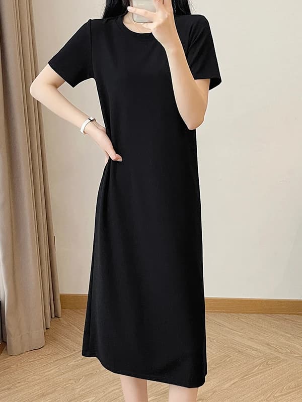 New short-sleeved short-sleeved autumn dress, slender neck t-shirt wide fit woman straight tube, long skirt