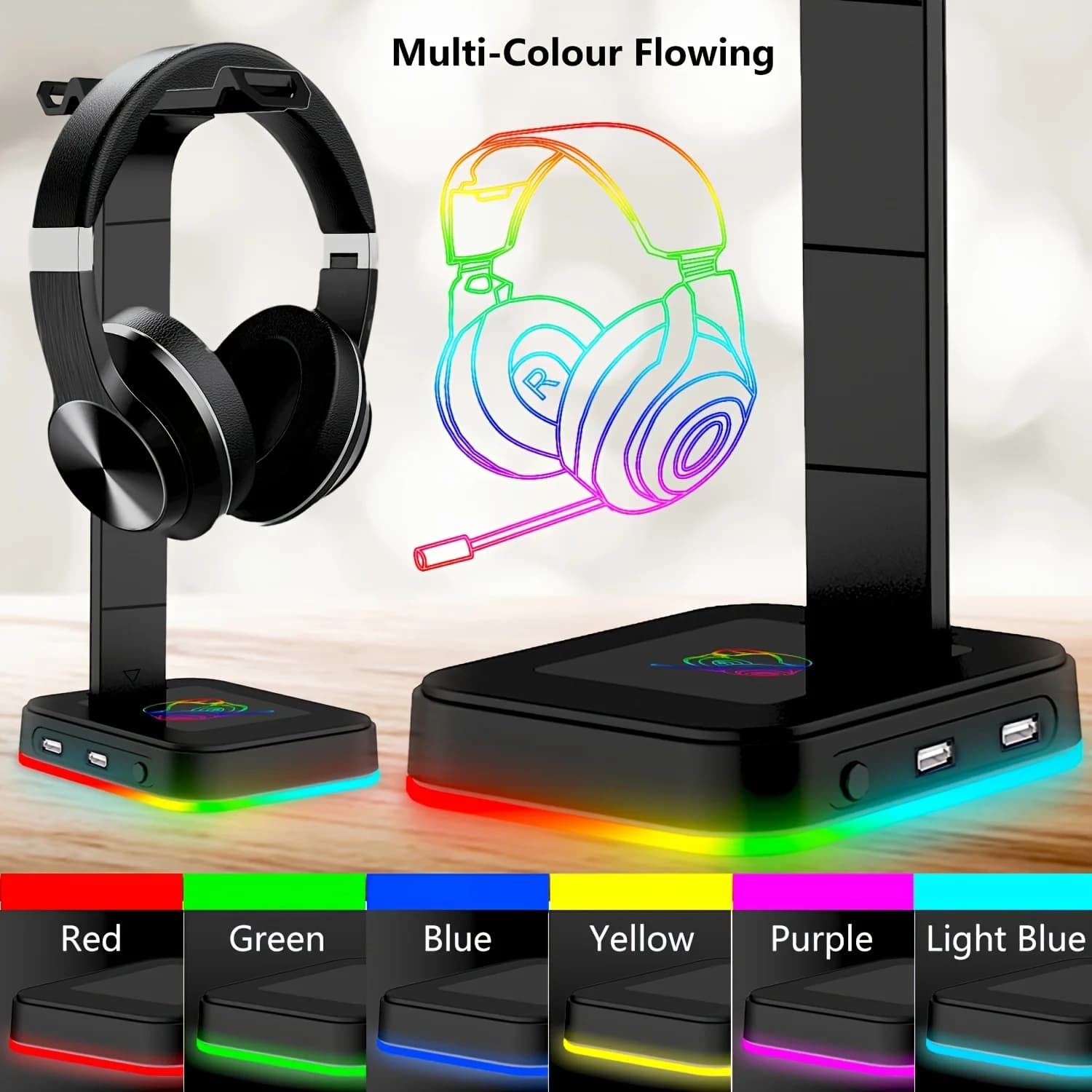 Gaming headphone support with RGB LED at adjustable speed and color change, with dual USB port for keyboard charging, mouse, headphones and phone