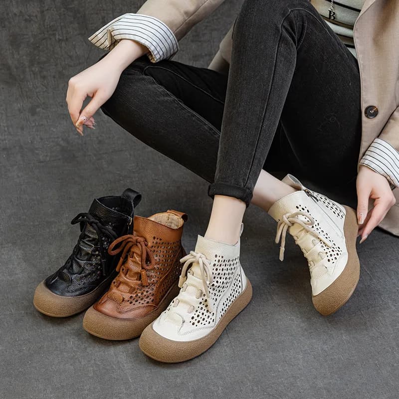 Sandali da donna in pelle bovina con strato superiore Primavera ed estate Nuove scarpe da trekking da donna scavate Stivaletti casual traspiranti con suola morbida scarpe donna estate 2025