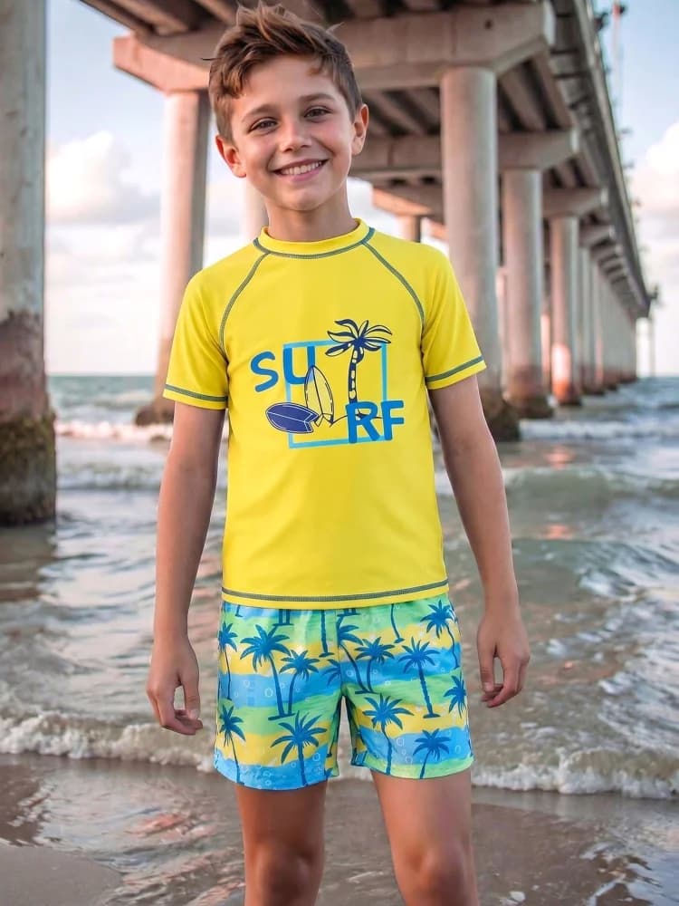 Boy Kids Swimsuit 2026 New Yellow Short Sleeves Split Two Piece Children Swimwear Summer Shorts Beachwear Bathing Suit Swimming