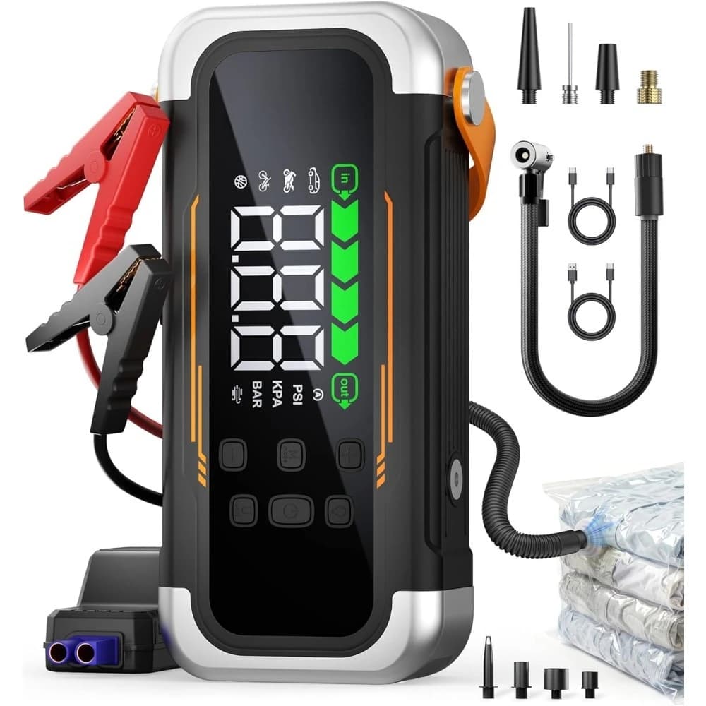 Avviatore di Emergenza Portatile 6000A con Compressore d'Aria 150PSI, Soffiatore d'Aria, Power Bank 30W PD per Batterie Auto, Box di Avviamento per Veicoli a Benzina e Diesel