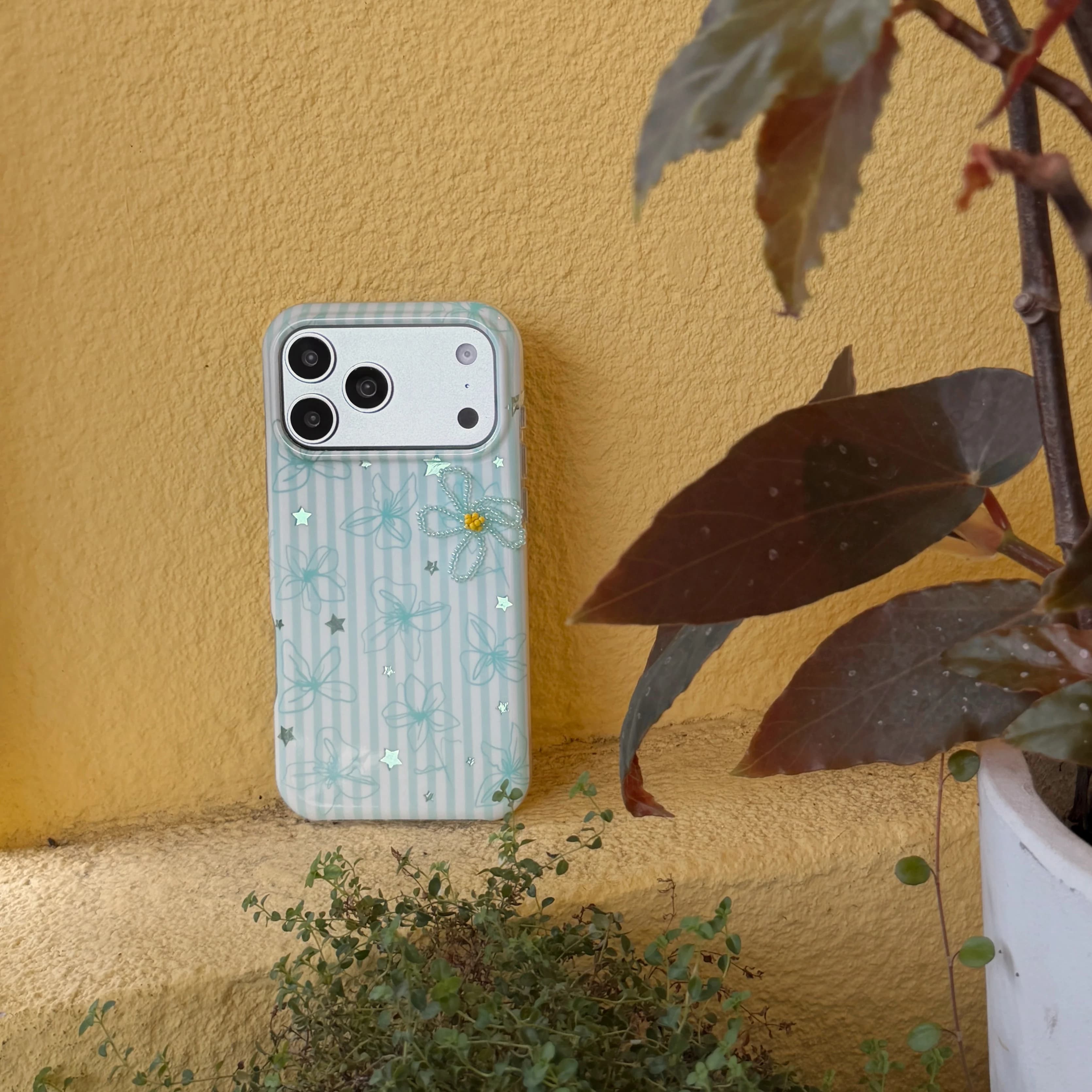 Mint Green Striped Flower Phone Case for iPhone 17 16 15 Pro ProMax with Beaded Flower Charm Shockproof Full Coverage