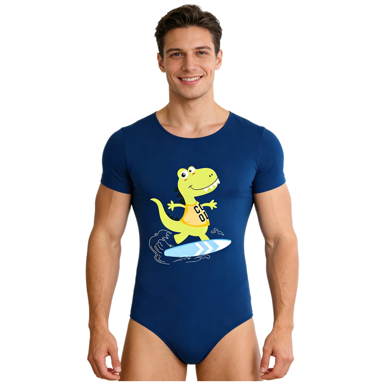Pigiama Intero da Uomo con Stampa Dinosauro Cartoon, Maniche Corte, Bottoni, Tuta Intera con Apertura all'Inguine, Abbigliamento da Notte