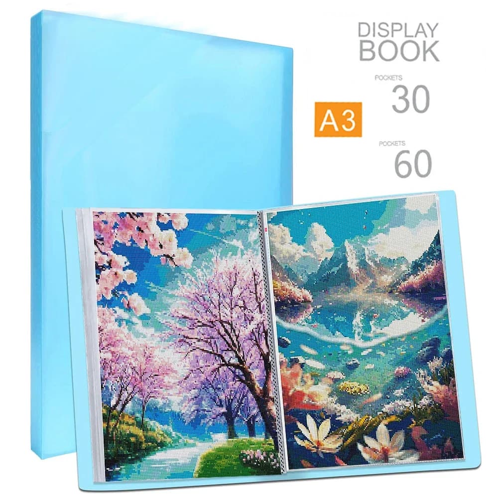 Blu A3 30/60 pagine Pittura diamante Album fotografico Libro di archiviazione Portafoglio Presentazione Tasche trasparenti Cartella grande di cancelleria
