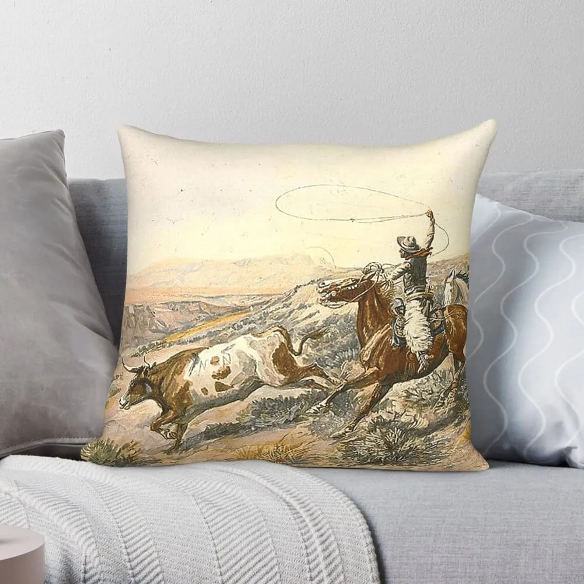 Cowboys Drive Cattle Pillowcase Polyester Linen Velvet Printed Zip Decorative Throw Pillow Case Sofa Seater Cushion Cover