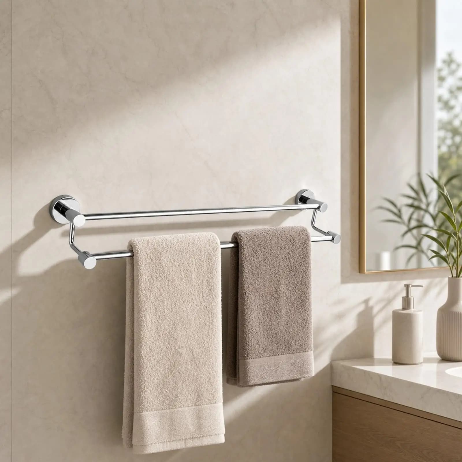 Rust Resistant Metal Towel Rack with Upper Shelf and Hanging Bar for Small Family Bathroom Wall Organizer