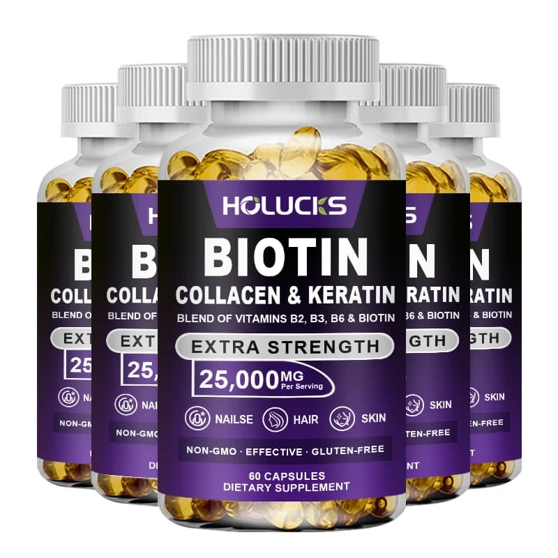 HOLUCKS Integratore di Biotina con Acido Ialuronico e Vitamine del Gruppo B, Supporta Capelli, Pelle, Unghie, Produzione di Collagene e Cura Quotidiana della Bellezza