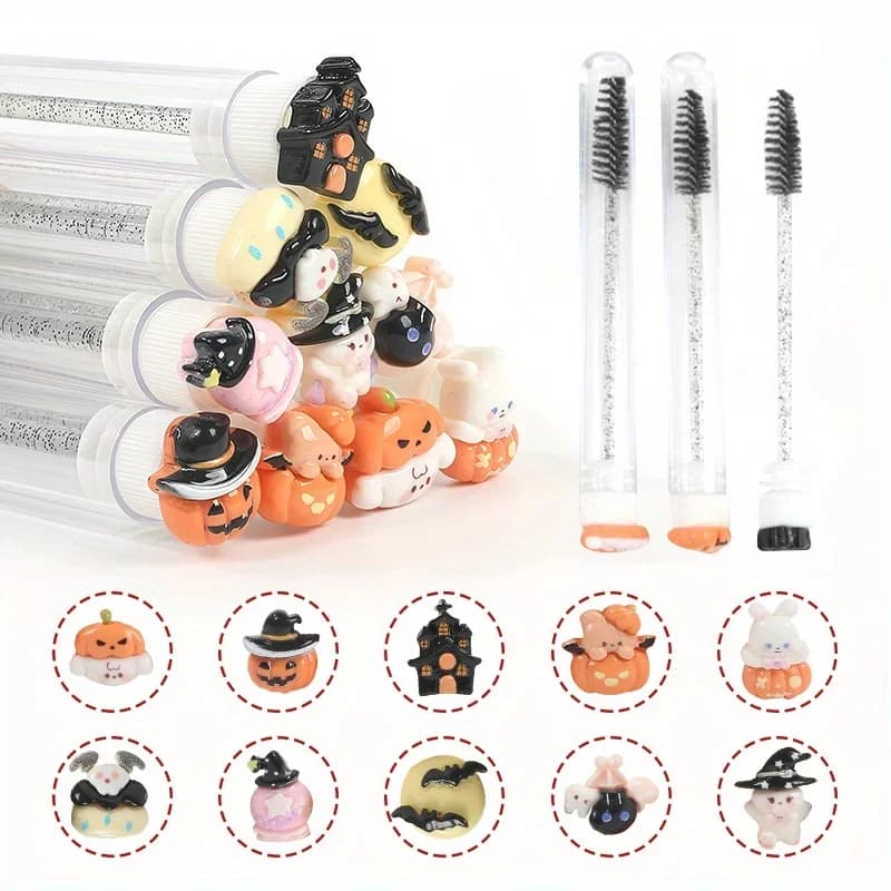 10PCS Cartoon Tube Mascara Wands Disposable Eyelash Eyebrow Grooming Brushes Spooky Horror Cute Face Makeup Tools Party Favors