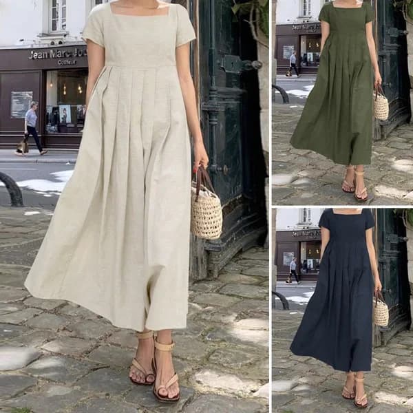Nuovo Abito Lungo da Donna con Scollo Quadrato, Maniche Corte, Plissettato, Linea ad A, in Lino e Cotone, per l'Estate, la Spiaggia e l'Uso Quotidiano