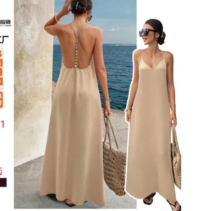 Fashionable and casual women's dance dress, plain color, V-neck, without back, sexy, sleeveless, with straps, maxi women's summer dress