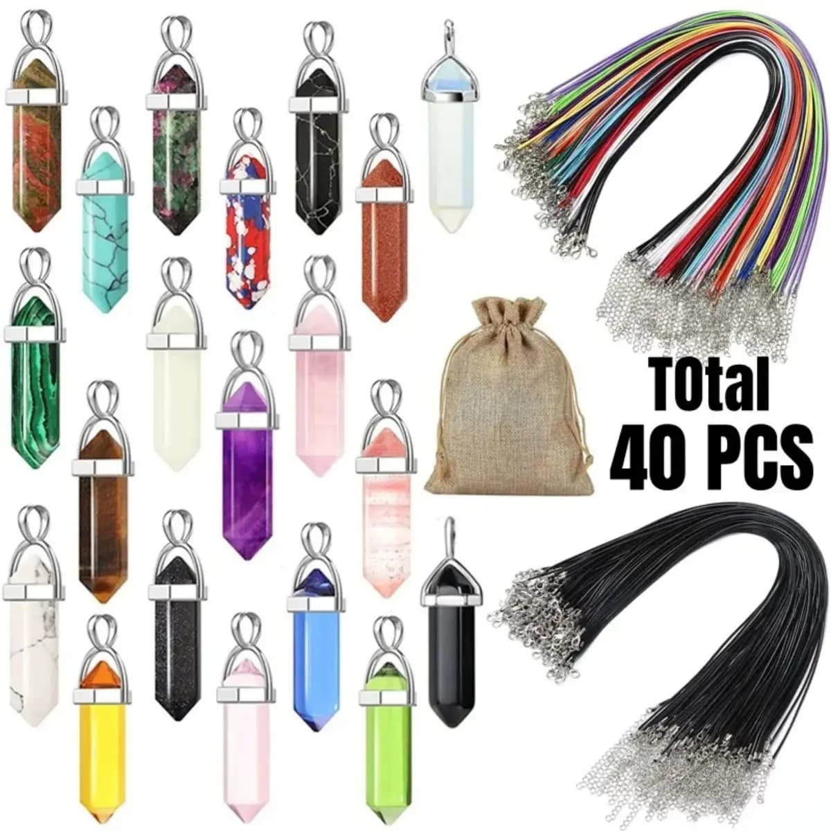 40 pz/30 pz Chakra esagonale pendente in cristallo sintetico pietra di quarzo a punta con collana in pelle catena sacchetto di immagazzinaggio gioielli