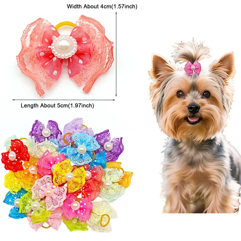 20 Pezzi Accessori per Toelettatura Cani, Elastici per Capelli, Fermagli per Cuccioli, Fiocchi in Pizzo a Doppio Strato Luminosi per Cani