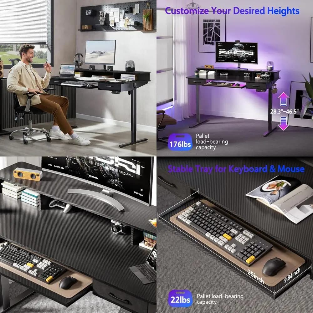 Ergonomic Adjustable Height Electric Desk, 63x24 Inches, with Storage and Monitor Stand, Black