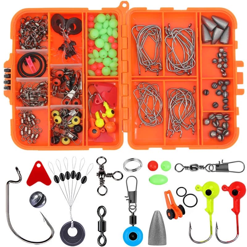 Outdoor fishing accessories set of 205 pieces with equipment box, including pliers, jig hooks, ballasts, turntables, automatic buttons, slide kit for ballasts