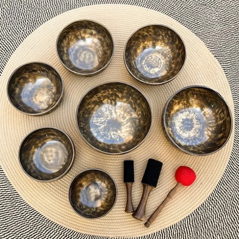 7pcs Nepal Singing Bowls Professional Chakra Full Moon Bowl Yoga Meditation Retro Buddhist Sound Bowl with Accessories Nice Gift