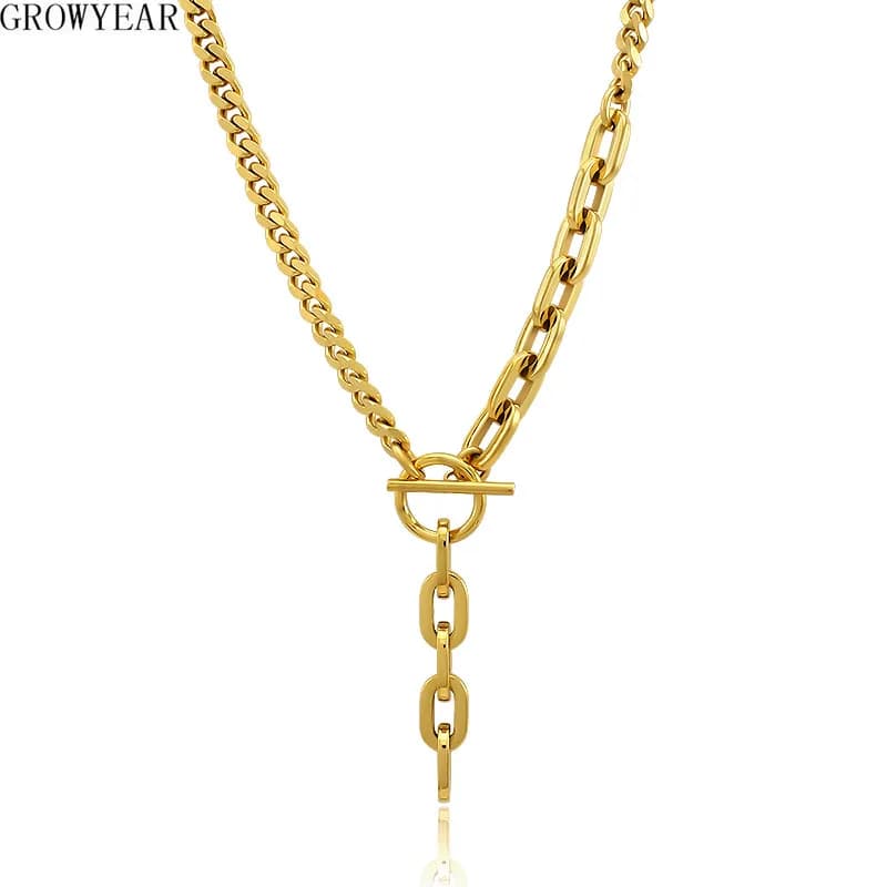 Catena a maglie cubane Hip Hop in acciaio inossidabile per donna Uomo T bar Chiusura a ginocchiera Collana girocollo con ciondolo a catena lunga Gioielli per feste